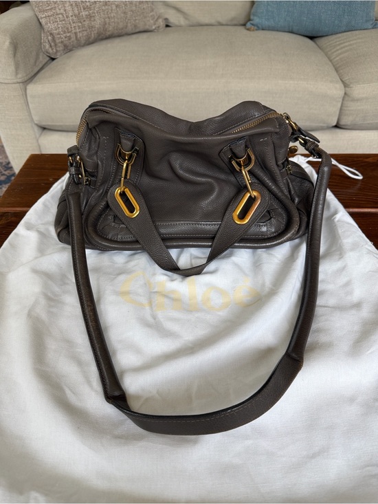 Chloe Handbags - Chloé Paraty Medium Leather Satchel Shoulder Bag Grey/Brown Gold Hardware